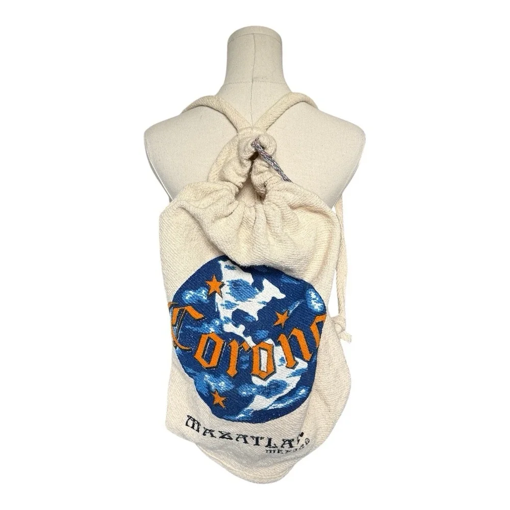 Vintage Corona Mazatlan Mexico Drawstring Backpack Cotton Beer Promo Travel Bag